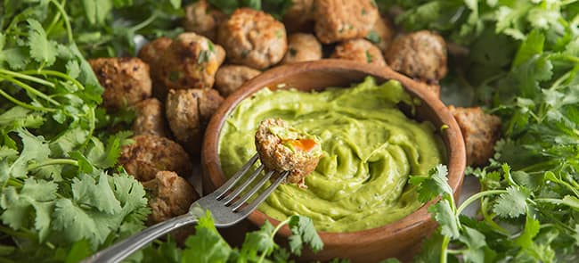 Green Chile Turkey Meatballs with Avocado Dunking Sauce